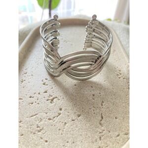 Silver Tone Wave Cuff Bracelet Openwork Multi‎ Strand Modernist Abstract Metal